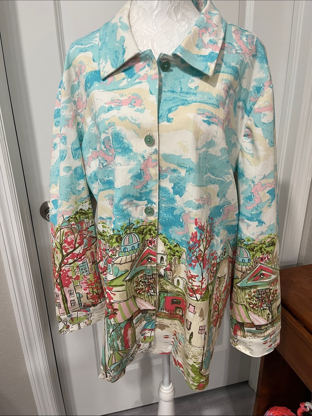 Cj Banks Women Scenic Parisian Artsy Print Button-Front Jacket Cotton Blend NWOT
